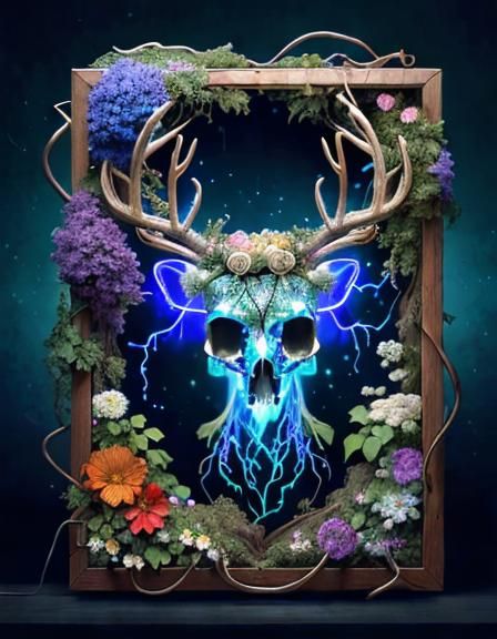 Electric Forest Landscape with Skull and Honeycomb