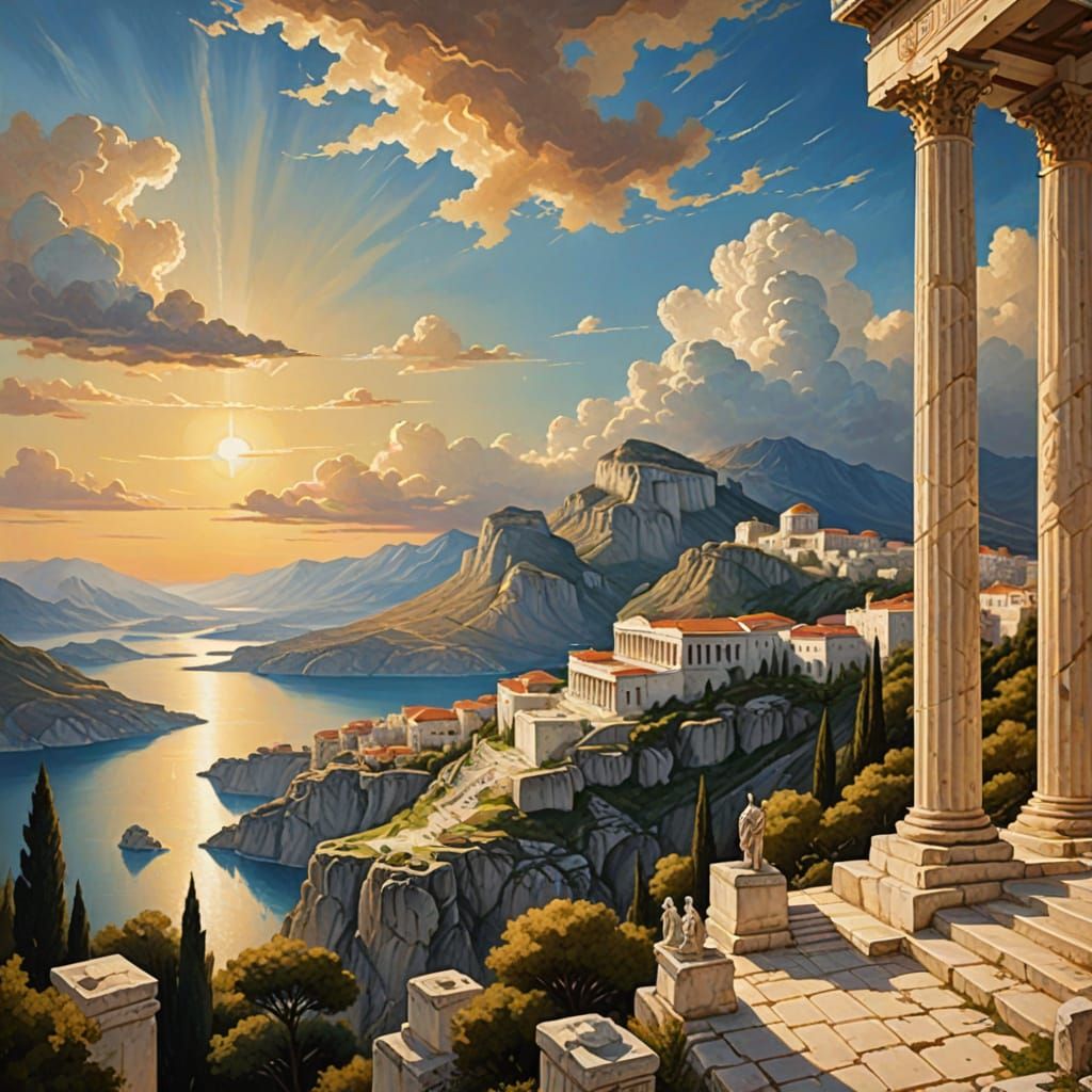 Olympian Greek Townscape in Oil Painting Style