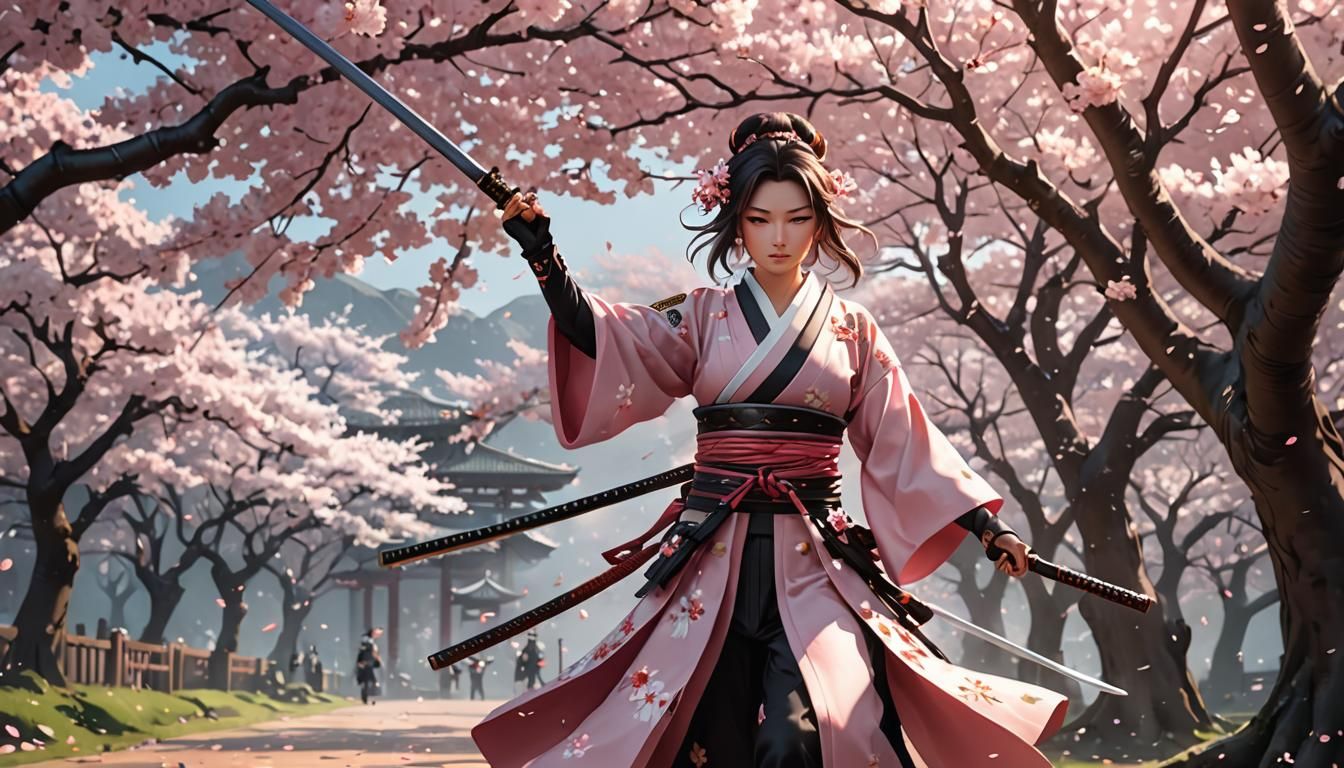 Cherry Blossom Samurai in Ethereal Anime Style