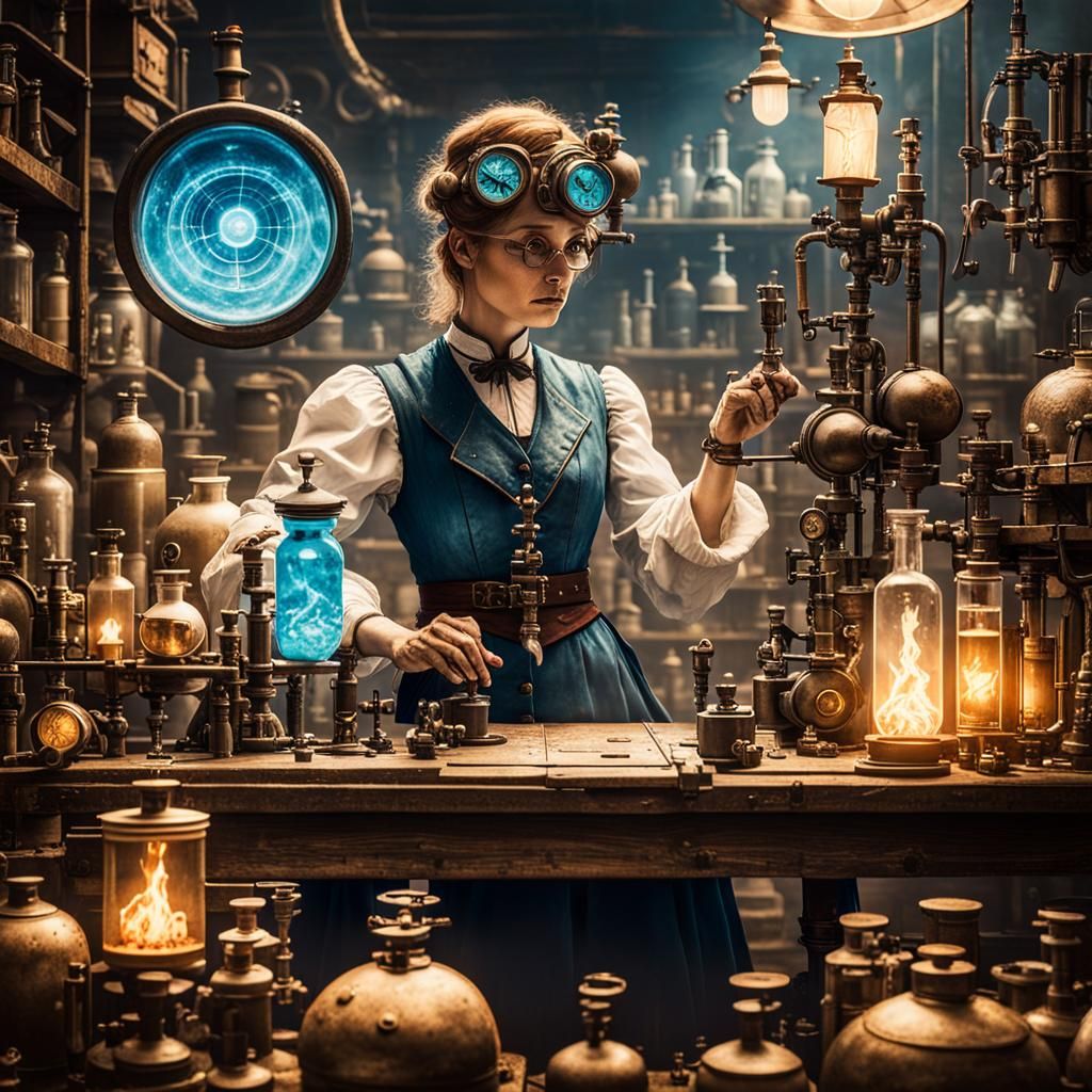 Steampunk Alchemist in Lab with Blue Fire