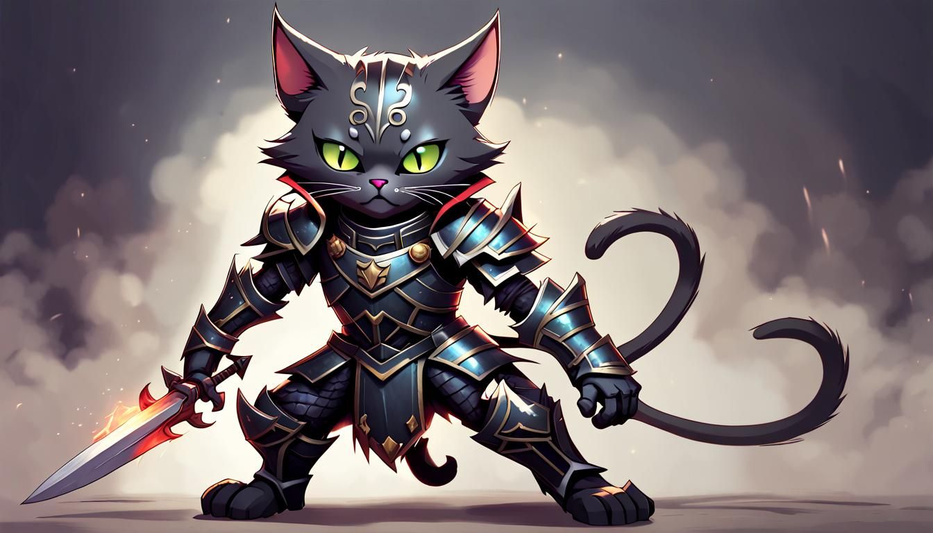 Evil Cat Warrior in Dark Fantasy Landscape