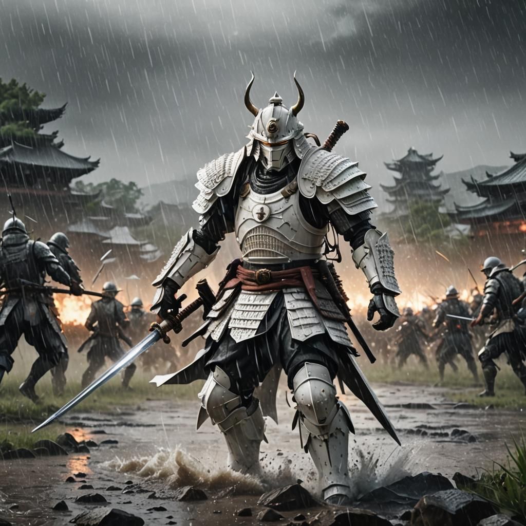 White Armored Samurai in Rainy Battlefield