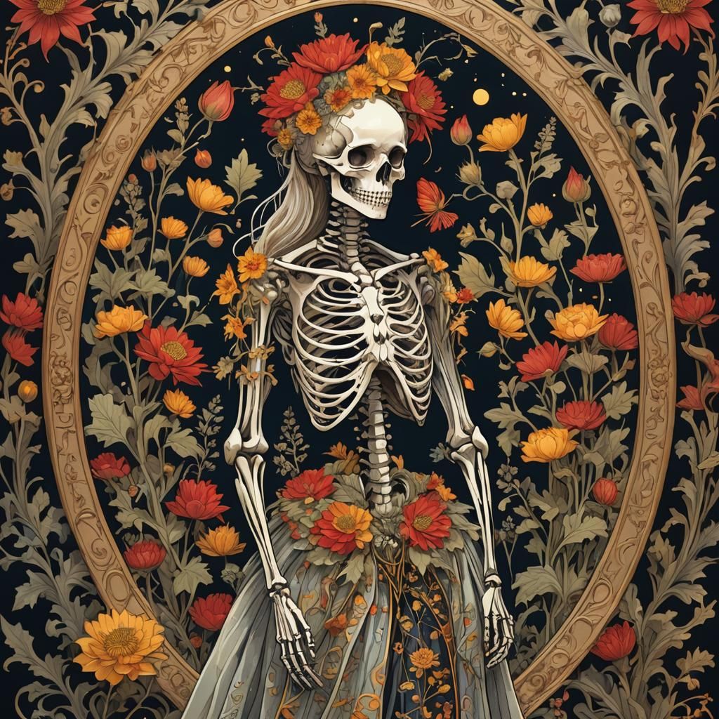 Skeletal Figure in Floral Gown: Dark Fantasy Art