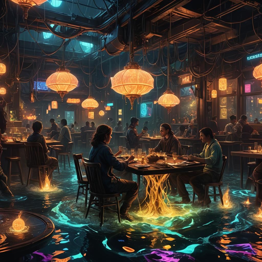 Dark Fantasy Neon Cityscape in Volumetric Lighting