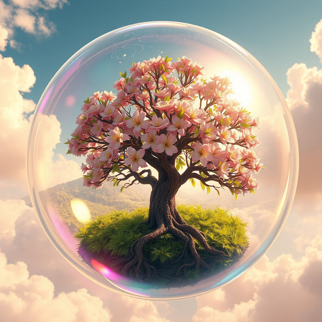 Almond Tree in Iridescent Bubble: Detailed Matte Painting