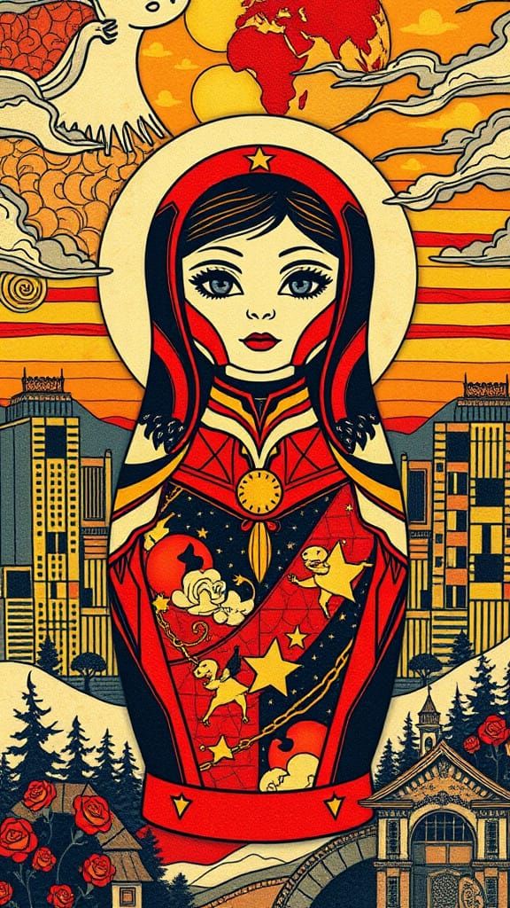 Giant Kaomoji Matryoshka in a Dystopian Botero-Inspired Metr...