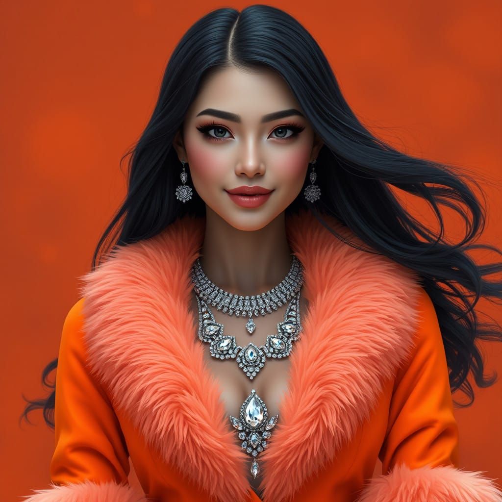 Elegant Woman in Neon Orange Gown with Luxurious Fur and Dia...