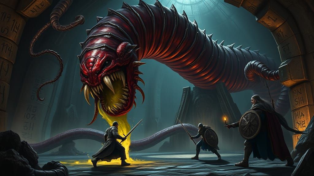 Colossal Worm Monster Battles Heroes in Gloomy Dungeon
