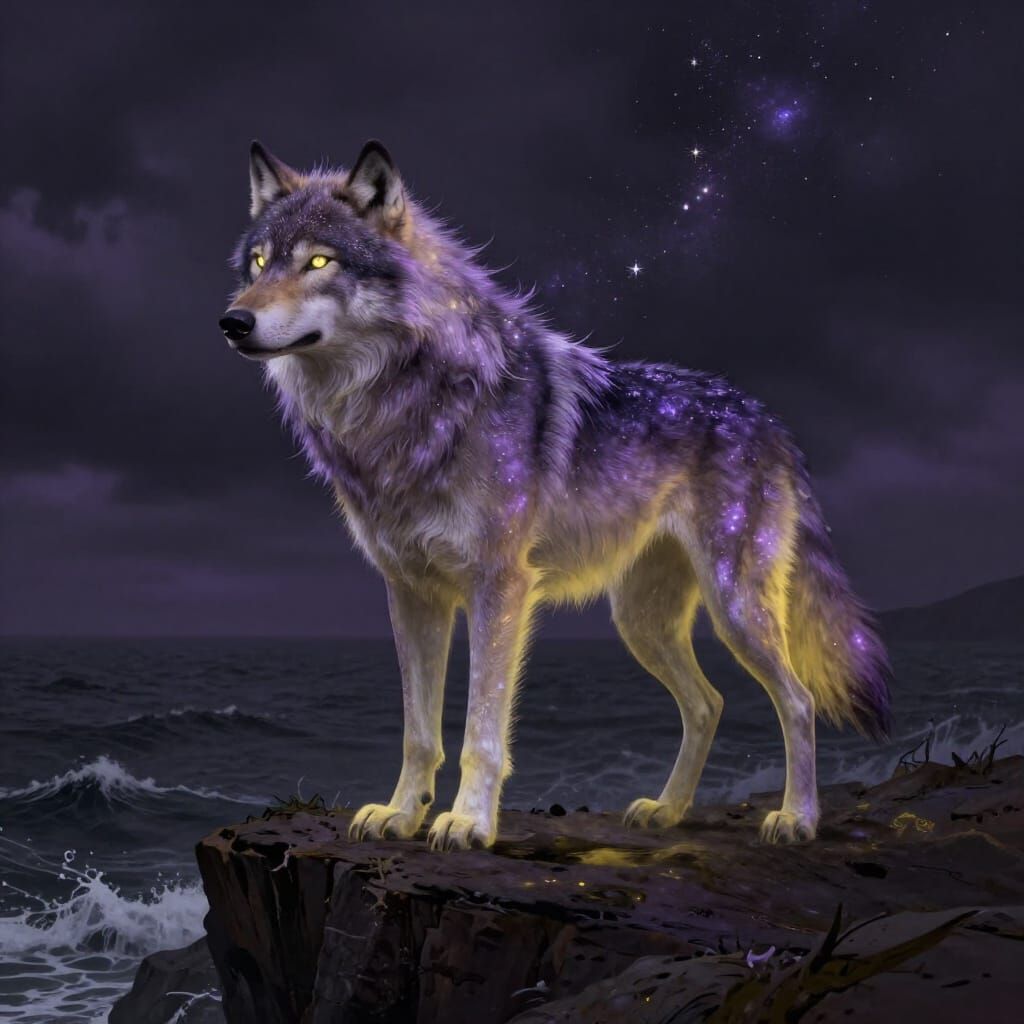 Ethereal Cosmic Wolf on Stormy Cliff