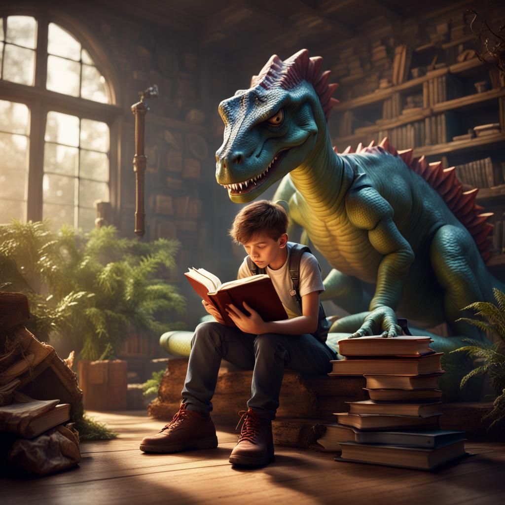 Boy and Dinosaur Friend in Animated Fantasy Art