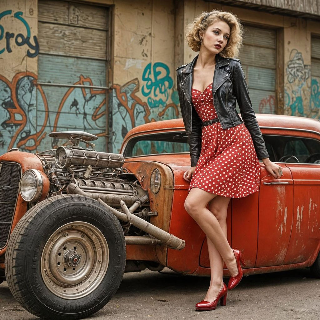 Rockabilly Pin Up Girl Behind a Vintage Hot Rod