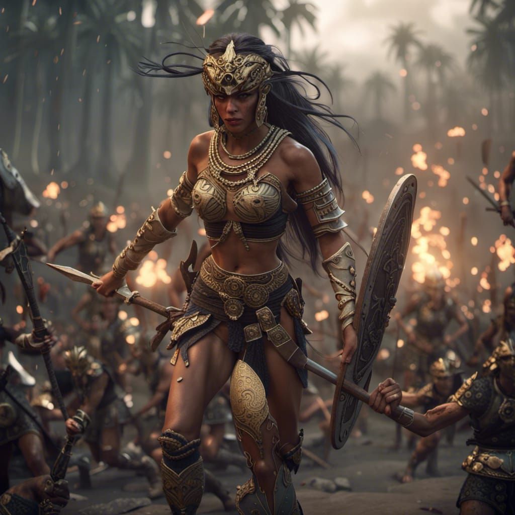 Victorious Amazon Warrior on Battlefield: 3D Game Cinematic