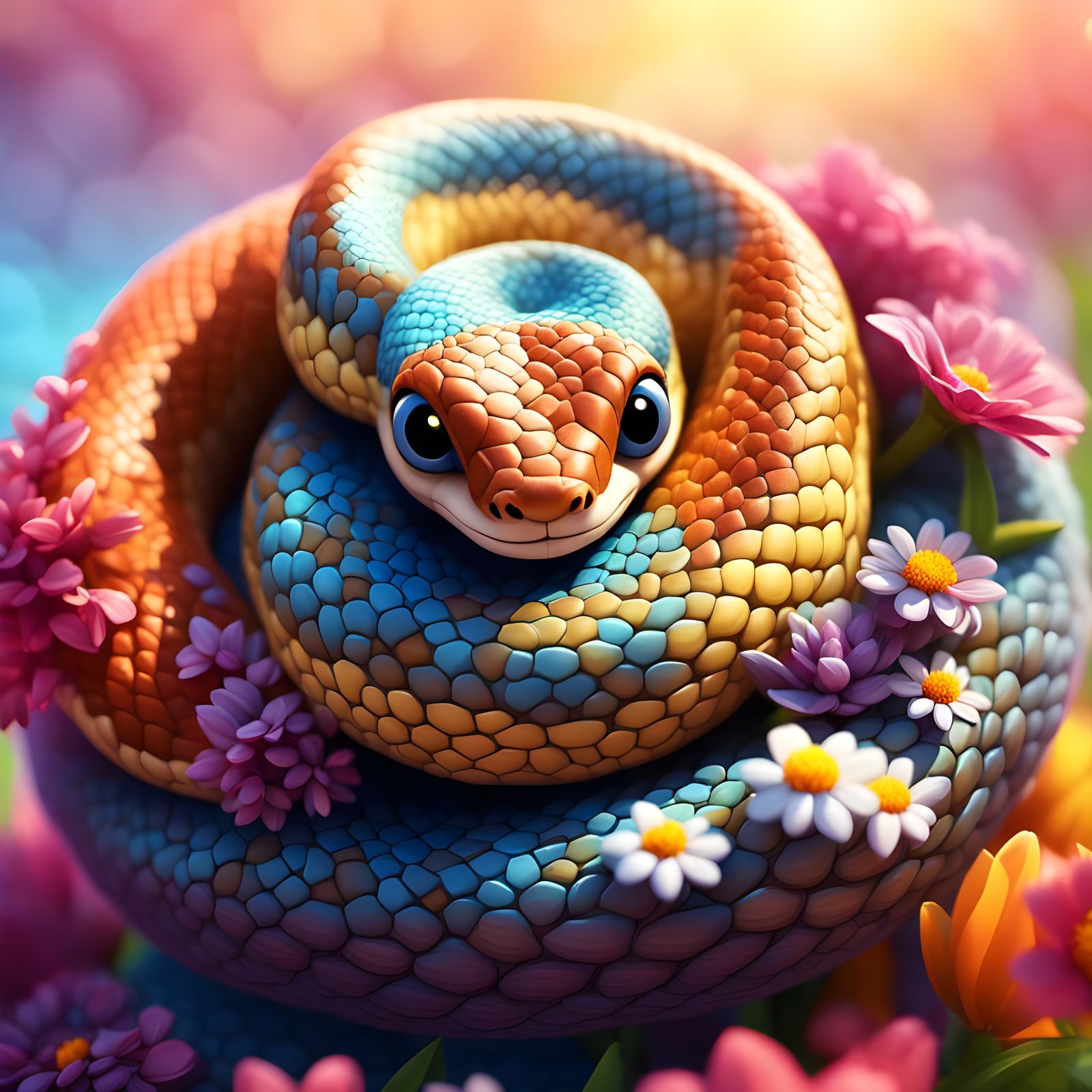 Adorable Fluffy Baby Snake in Pixar Style