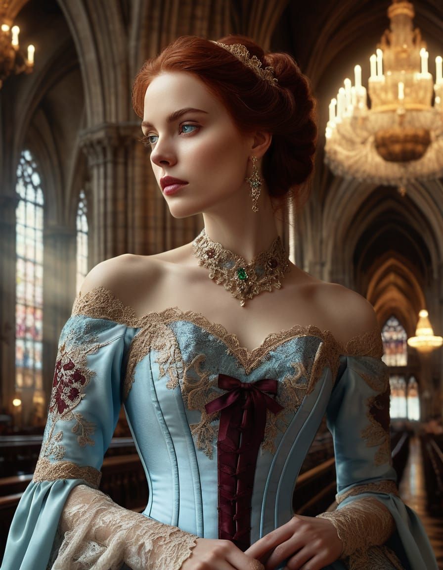 Regal Noblewoman in Gothic Cathedral, Hyperrealistic Digital...