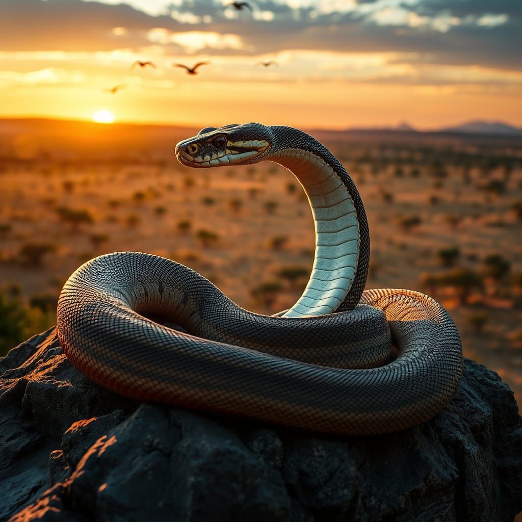 Python Overlooks African Savanna in Hyperrealistic Style