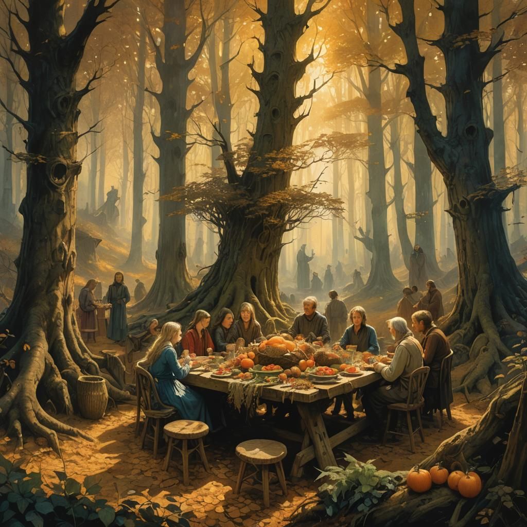 Mystical Forest Thanksgiving Feast in Watercolor Style