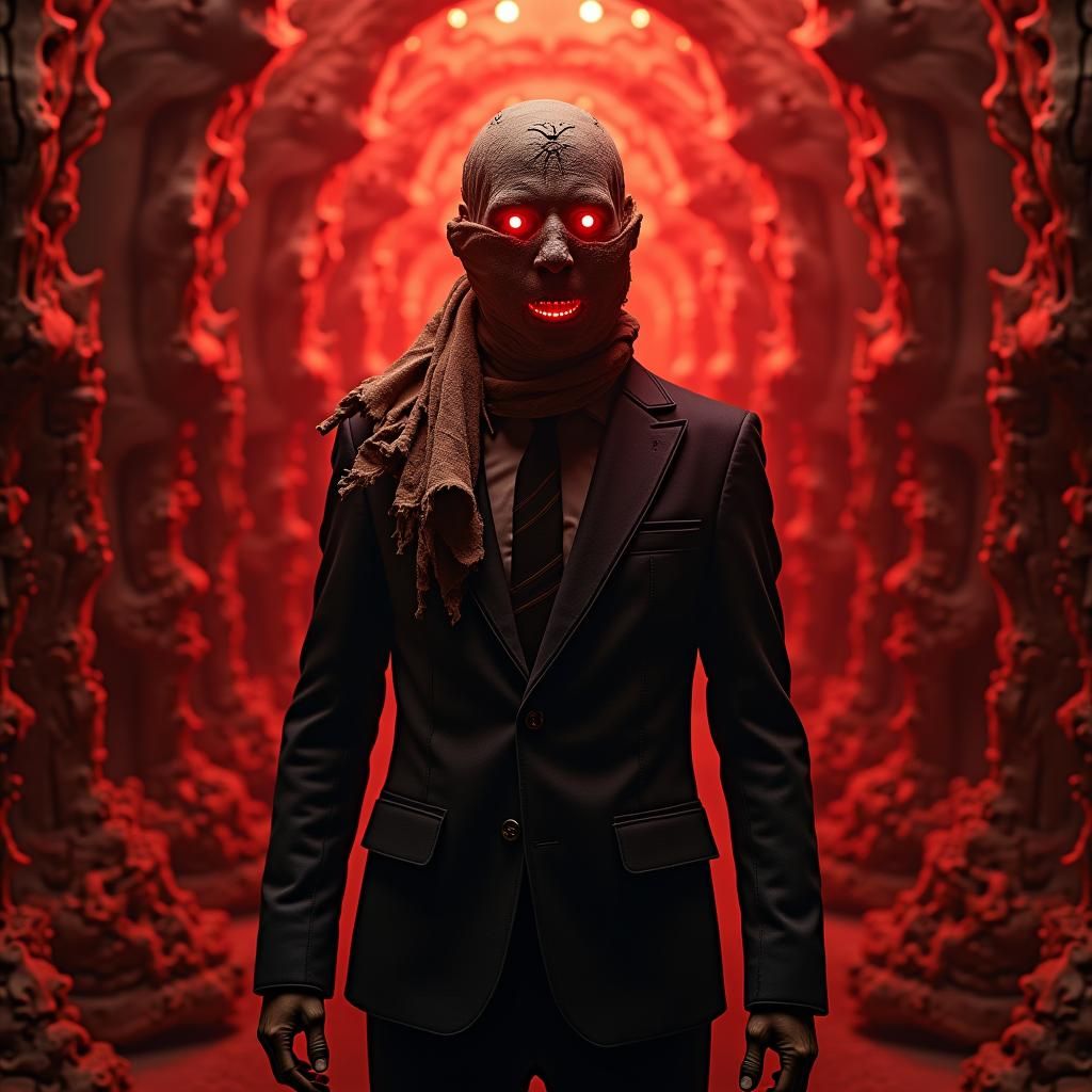 Mummified Figure in Suit with Glowing Red Eyes