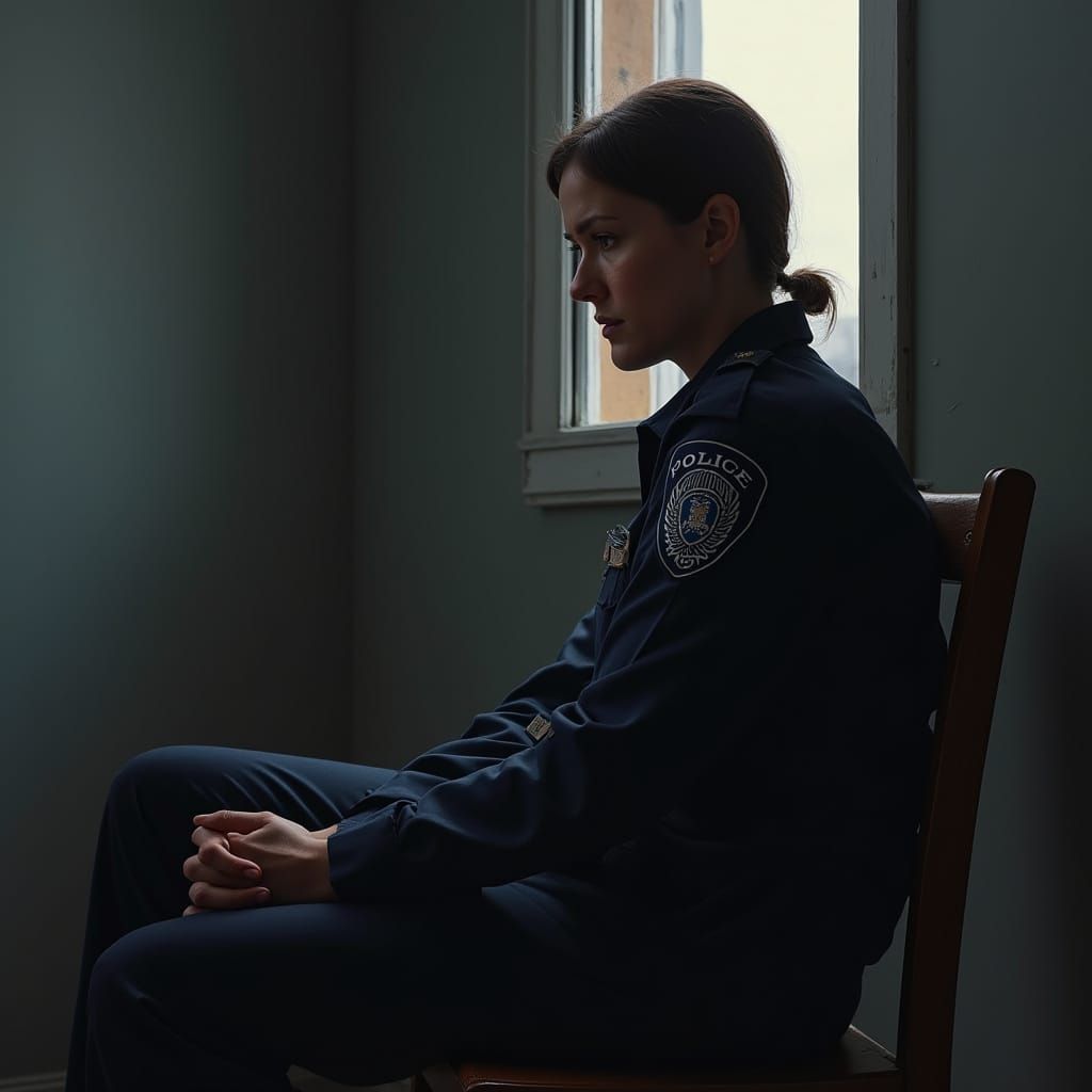 Police Officer in Contemplation, Hyperrealistic Digital Pain...