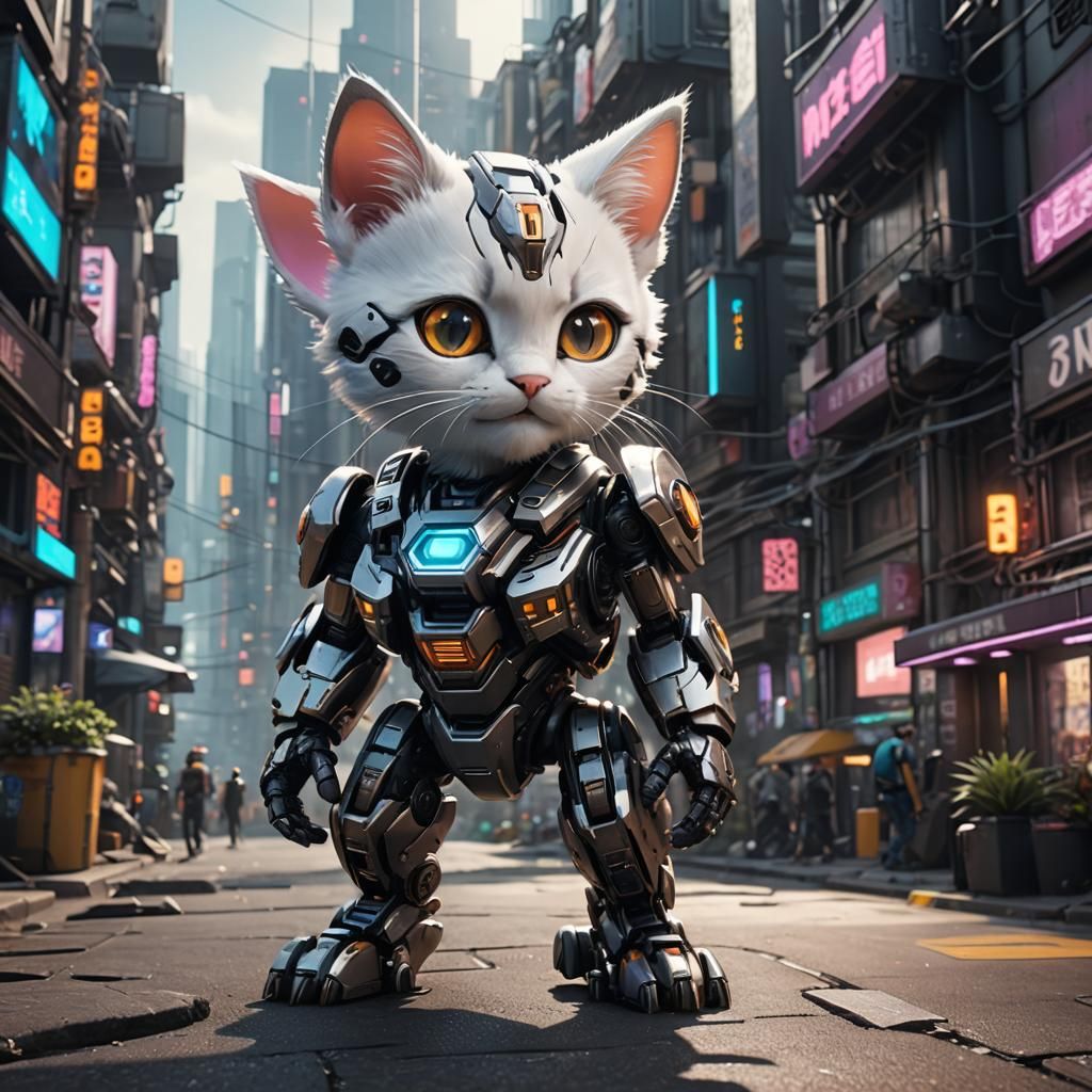 Mecha Kitten Lost in Cyberpunk City