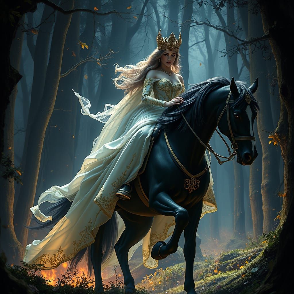 Lady Godiva in Dark Fantasy Art Nouveau Style