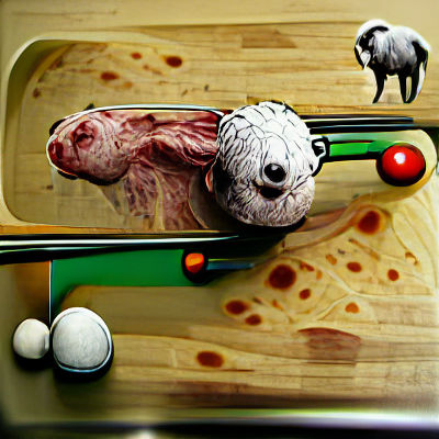 Surreal Lamb Billiards: Hyperrealistic Kitchen Scene