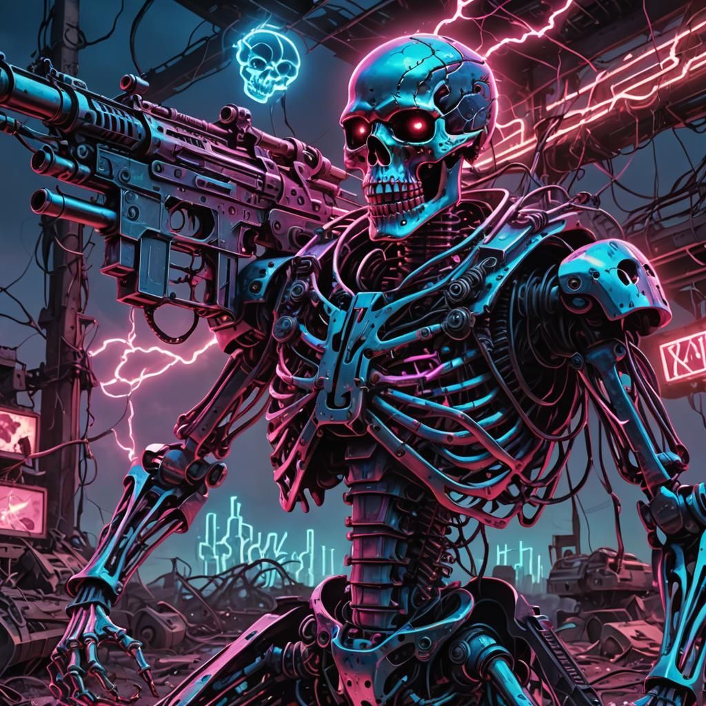 Robotic Skeleton in Apocalyptic Wasteland: Heavy Metal Art