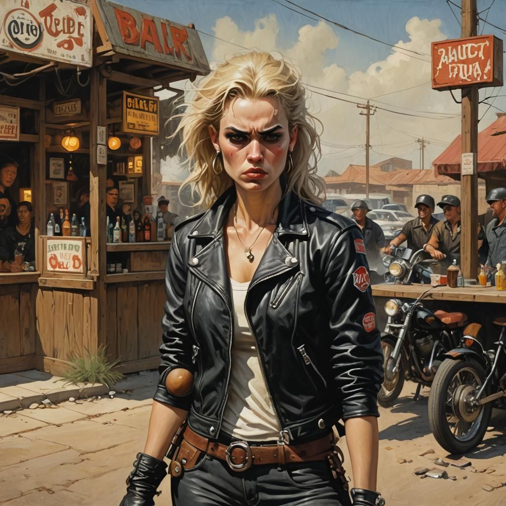 Angry Biker Woman Outside Roadside Bar