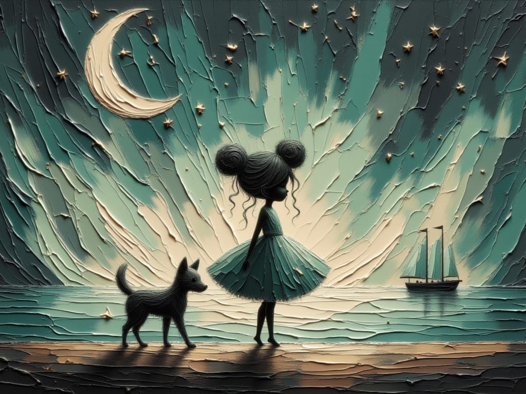 Child and Dog in Dreamy Celestial Landscape