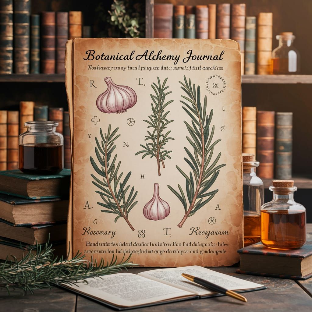 Vintage Botanical Alchemy Journal Page with Herbs