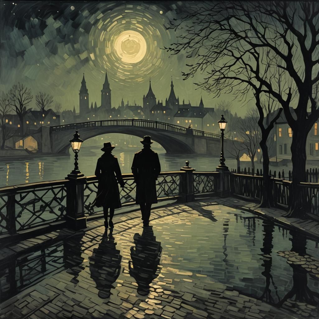 Couple Silhouette on Bridge: Noir Van Gogh Style