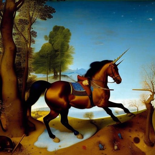 Colorful Unicorn Ride at Blue Hour: Renaissance Oil Painting
