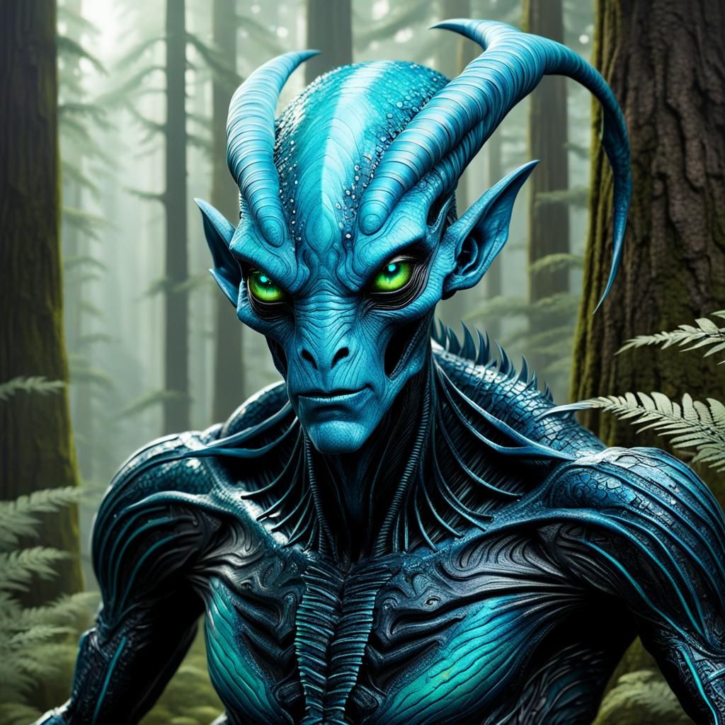 Alien Humanoid in Dense Forest: Fantasy Concept Art
