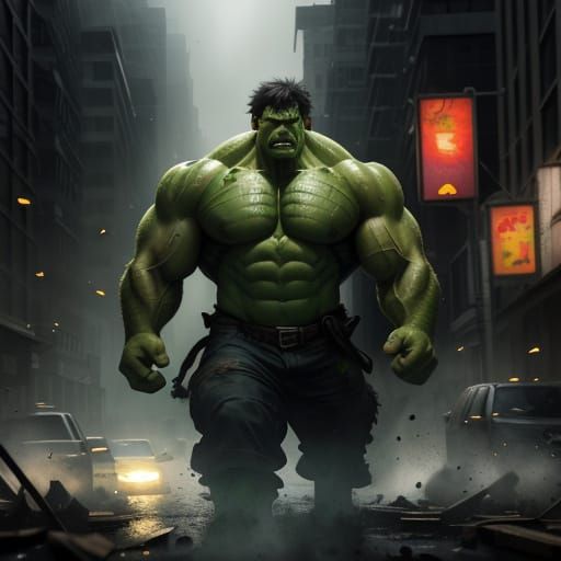 The Green Hulk in Atmospheric Oil Painting Style