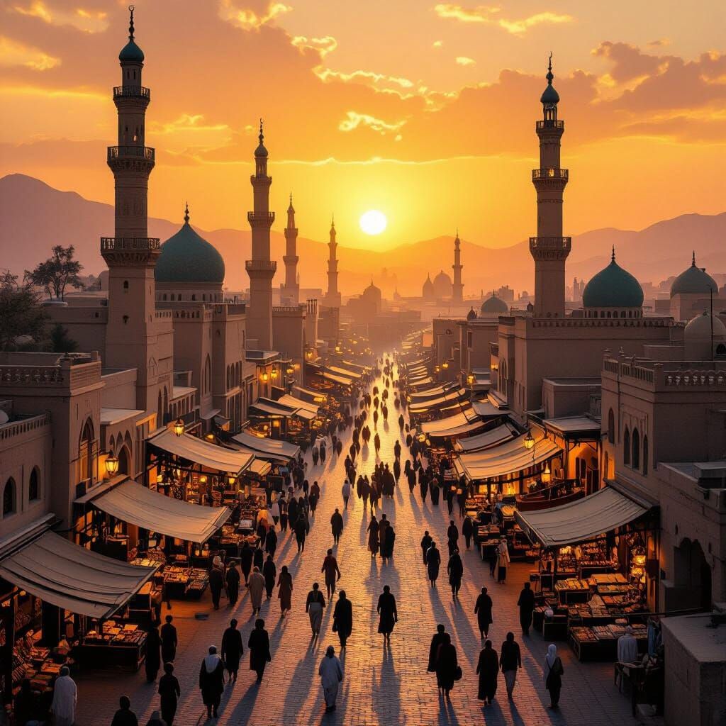 Hyperrealistic Ancient Arabic City at Sunset