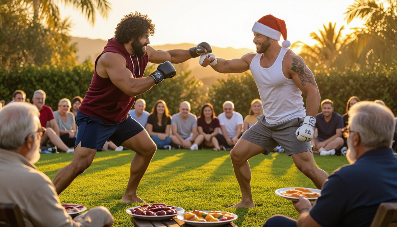 Muscular Men Sparring on Lawn During Golden Hour
