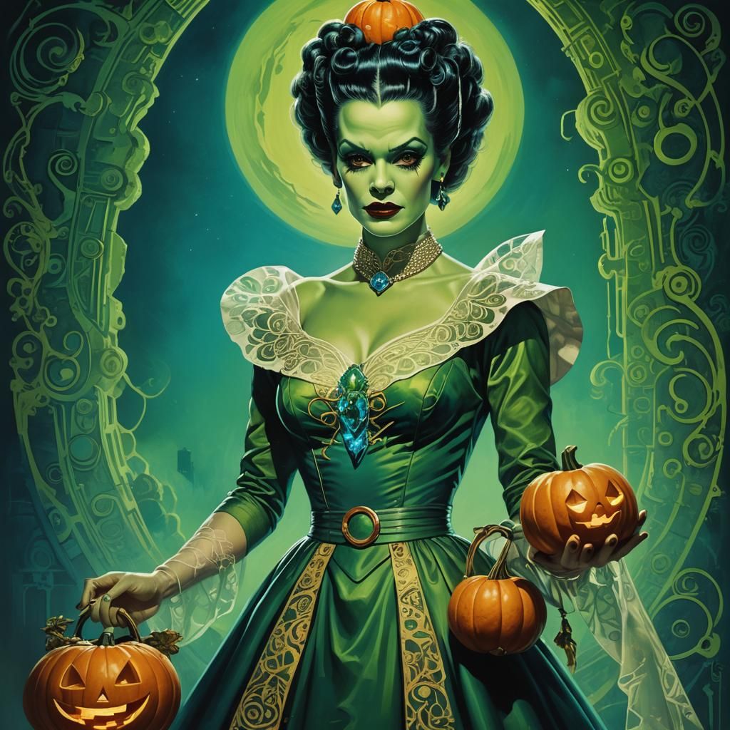 Retro-Futuristic Bride of Frankenstein with Pumpkin Handbag