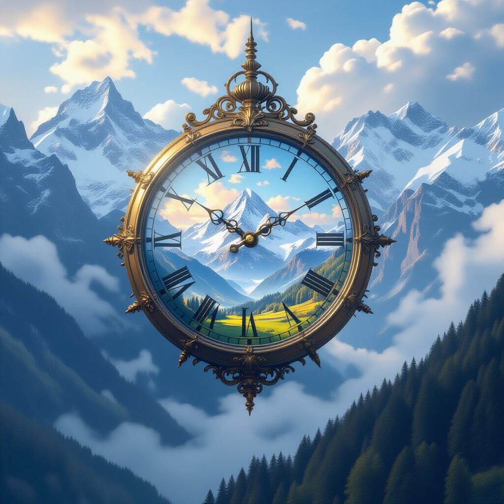 Giant Swiss Clock Descends Over Alps with Austrian Vista