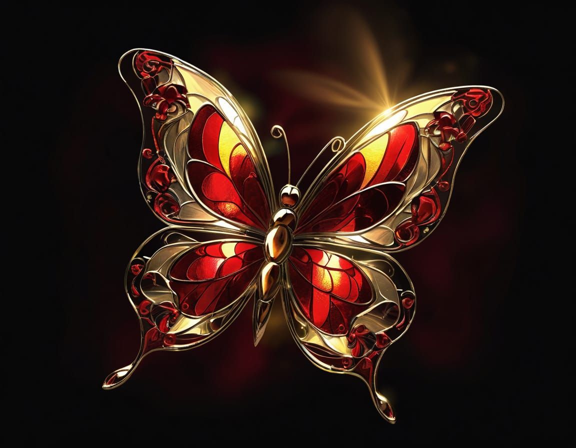 Golden Butterfly on Tulip Silhouette in Stained Glass Style