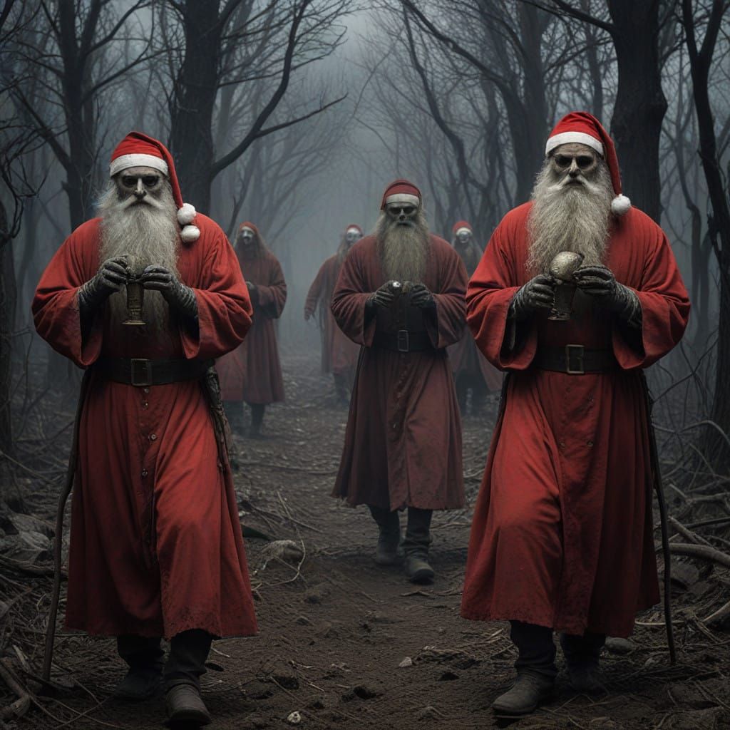 Undead Santas Rise from the Grave in a Haunting Gothic Scene
