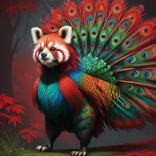 Red Panda with Peacock Tail in Magical Forest