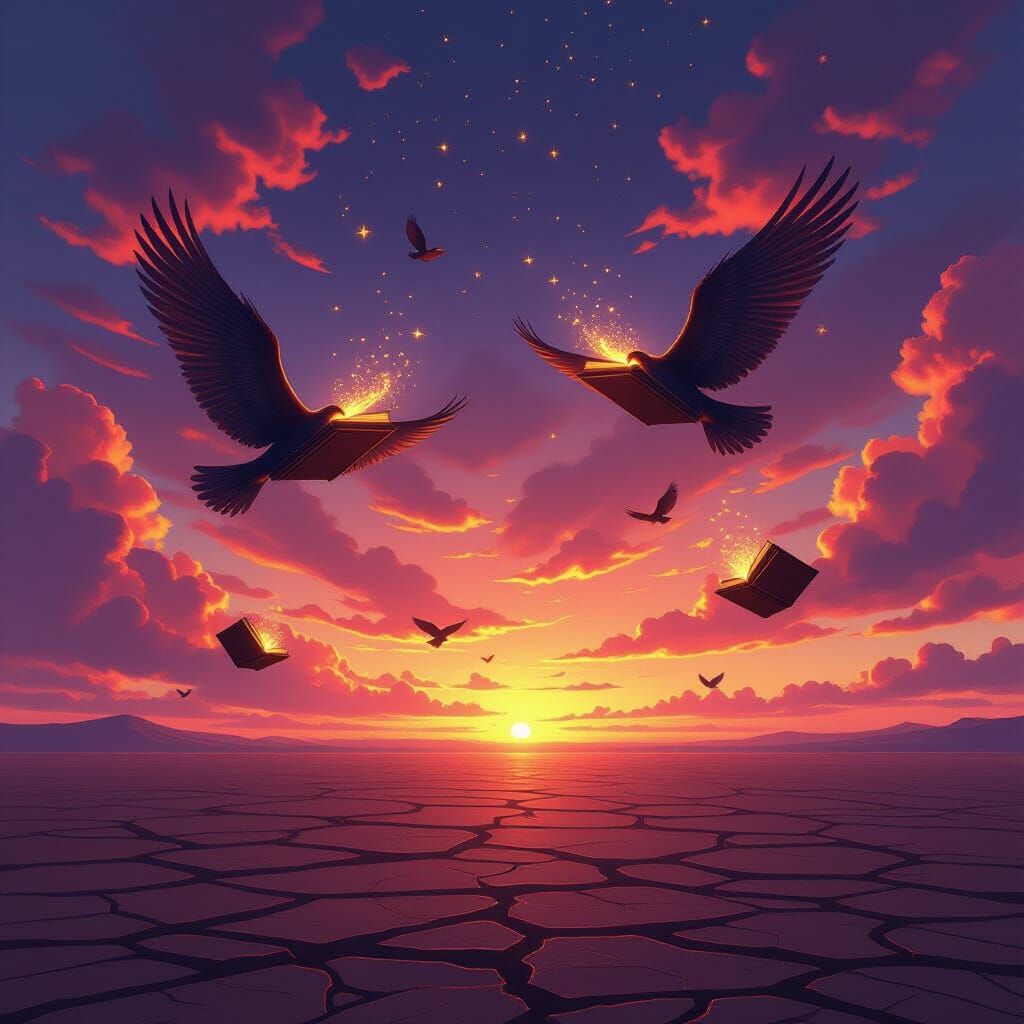 Crimson Sky Dusk with Flying Books and Stardust