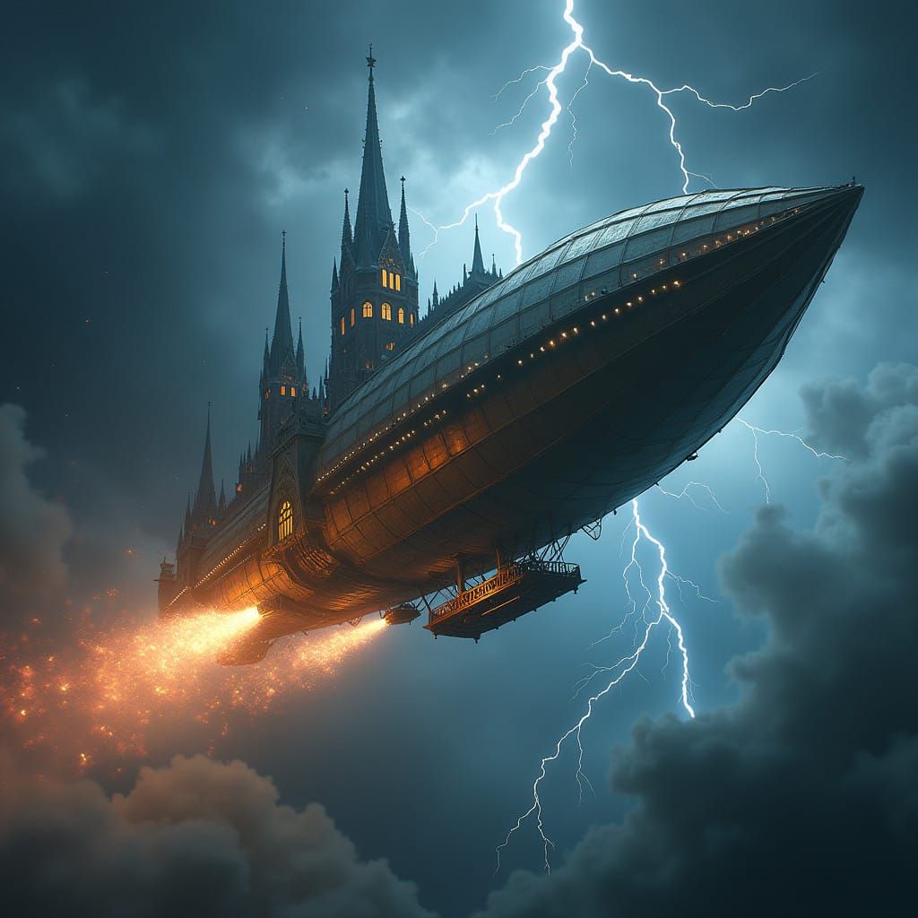 Fantasy Flying Cathedral Zeppelin Battles Magical Storms
