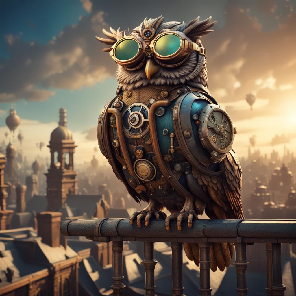 Steampunk Owl on Rooftop: Detailed Matte Painting