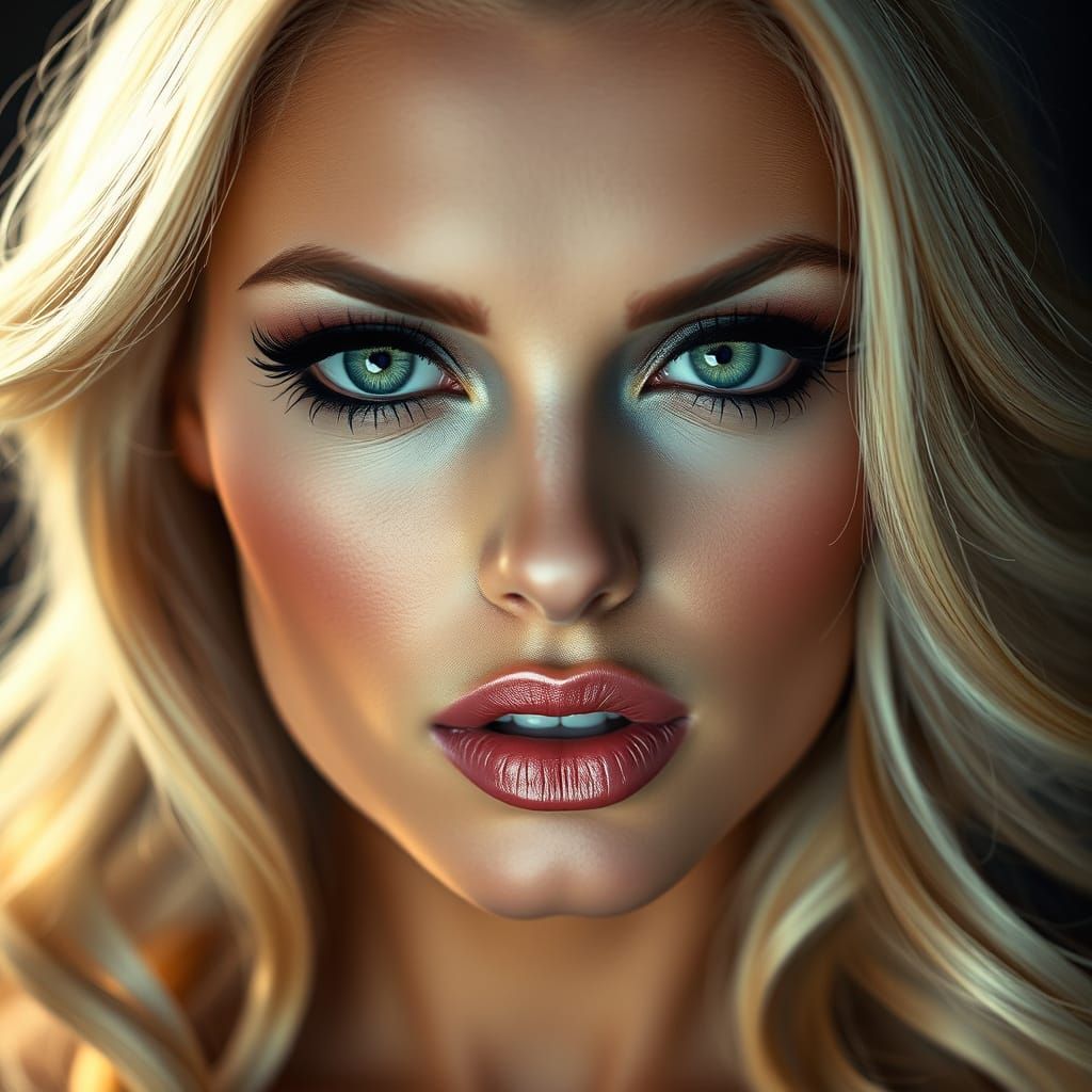 Confident Woman with Vivid Green Eyes in Bold Makeup