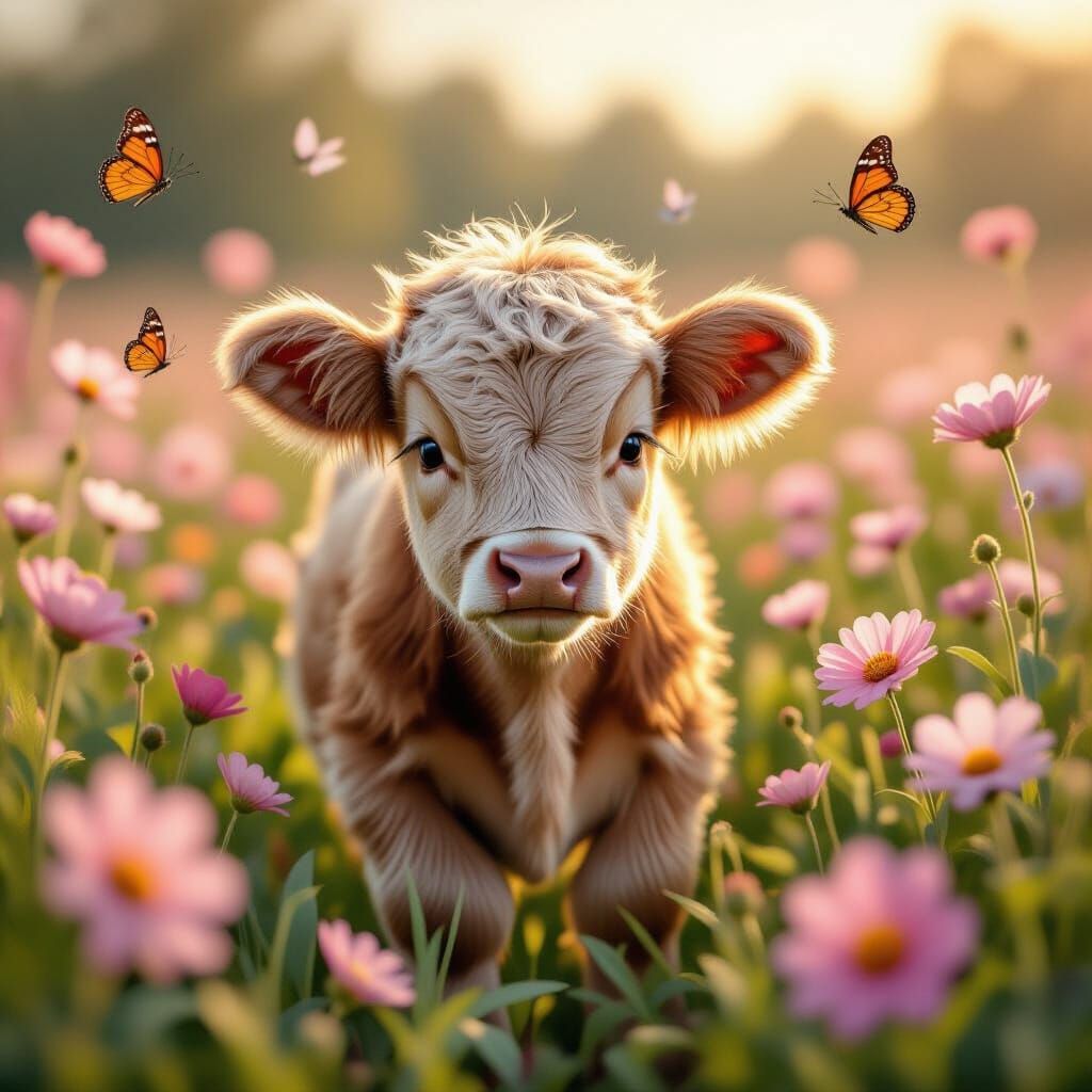 Fluffy Calf in Flower Field, Realistic Digital Art