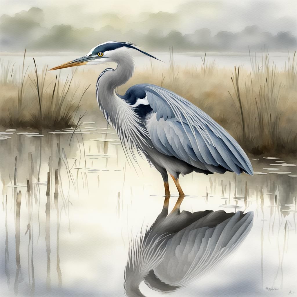 Grey Heron in Misty Marsh: Digital Watercolor