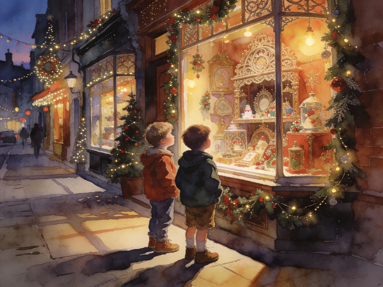 Boys Admire Christmas Shop Windows in Warm Evening Light