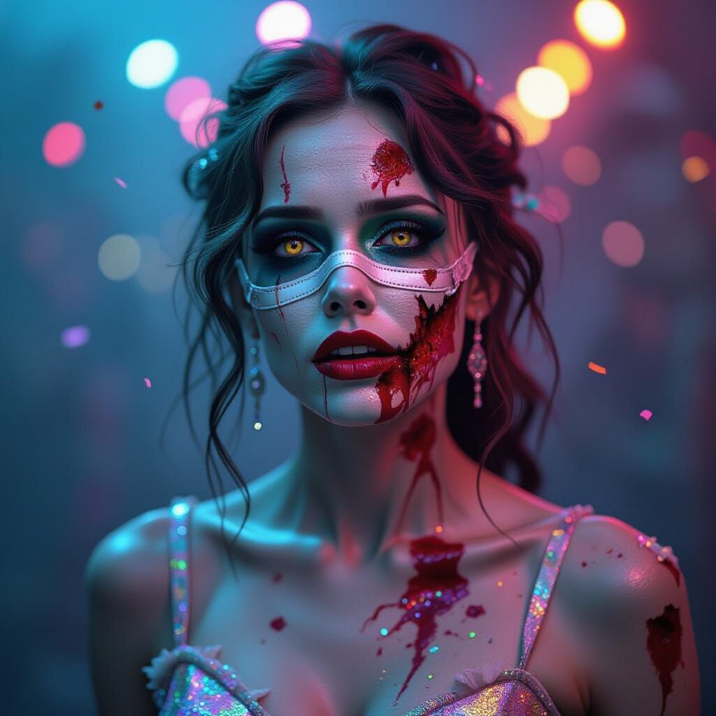 Zombie Prom Queen With Shattered Mask in Neon Glow