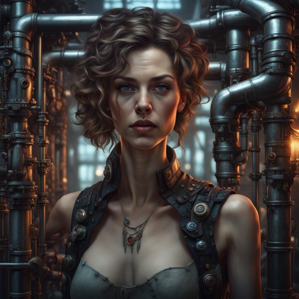 Woman Plugged Into Sinister Machine: Hyperrealistic Oil Pain...