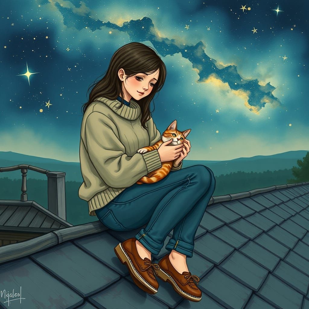 Woman Enchants with Cat Under Starry Night Sky in Whimsical ...
